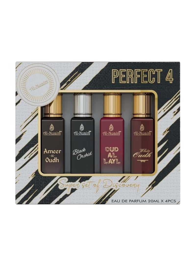Al Nuaim Perfect 4 EDP Gift Set Unisex (4 x 20ml) | Ameer Al Oudh, Black Orchid, Oud Al Layl, White Oudh | Long Lasting Luxury Arabic Eau de Parfum Collection for Men & Women | Premium Travel Size Perfume Set - Image 1