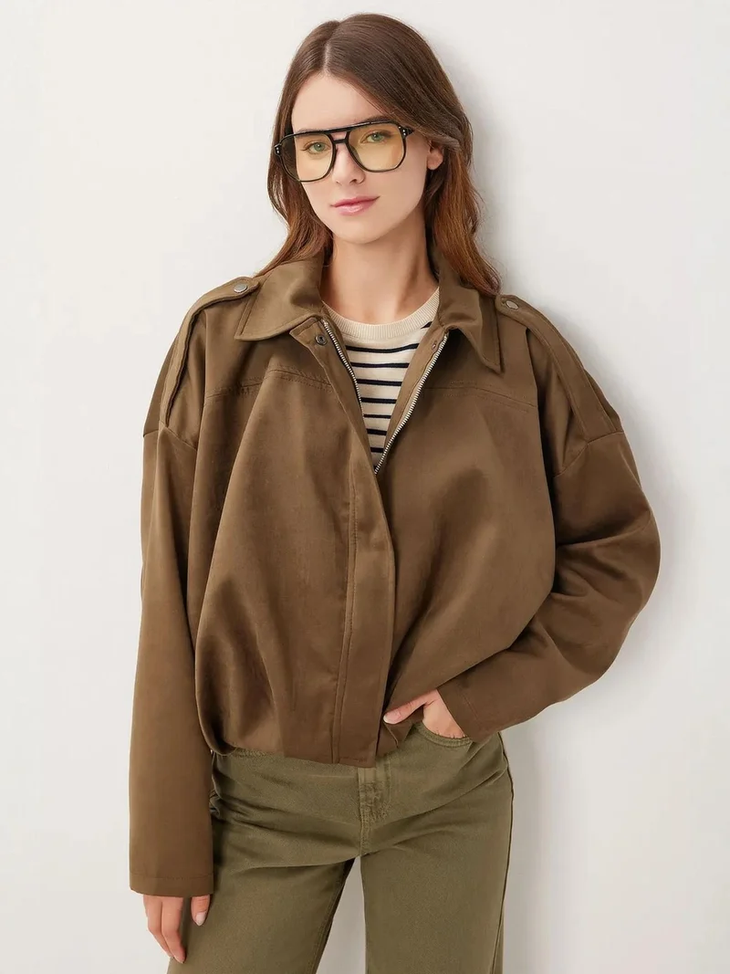 إسطنبول الساحرة ISTANBUL Suede Bomber Jacket with Zipper Closure