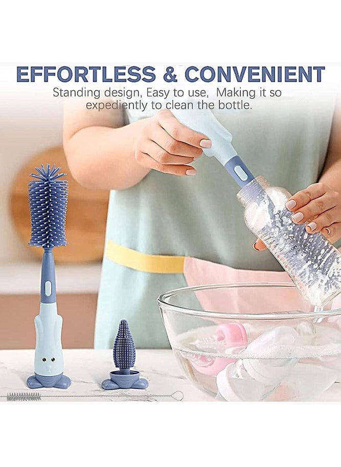 3-In-1 Silicone Baby Bottle Brush Set with Stand, Portable Bottle Cleaner Kit with Bottle Brush, Pacifier Brush and Straw Brush, Blue