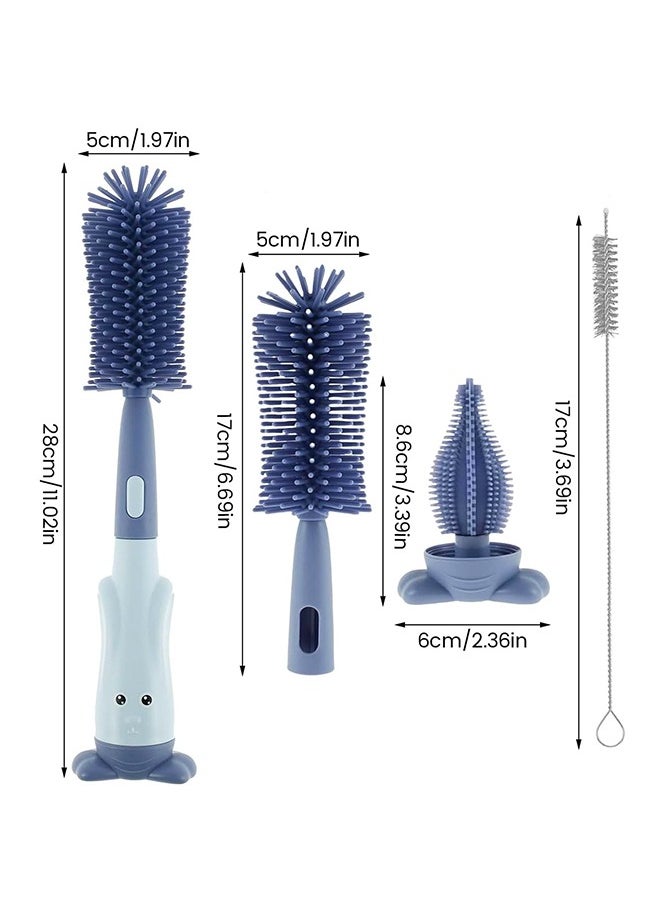 3-In-1 Silicone Baby Bottle Brush Set with Stand, Portable Bottle Cleaner Kit with Bottle Brush, Pacifier Brush and Straw Brush, Blue