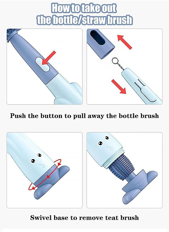 3-In-1 Silicone Baby Bottle Brush Set with Stand, Portable Bottle Cleaner Kit with Bottle Brush, Pacifier Brush and Straw Brush, Blue