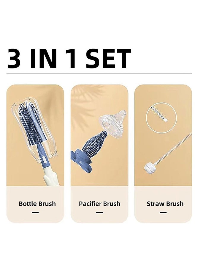3-In-1 Silicone Baby Bottle Brush Set with Stand, Portable Bottle Cleaner Kit with Bottle Brush, Pacifier Brush and Straw Brush, Blue