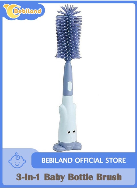 3-In-1 Silicone Baby Bottle Brush Set with Stand, Portable Bottle Cleaner Kit with Bottle Brush, Pacifier Brush and Straw Brush, Blue