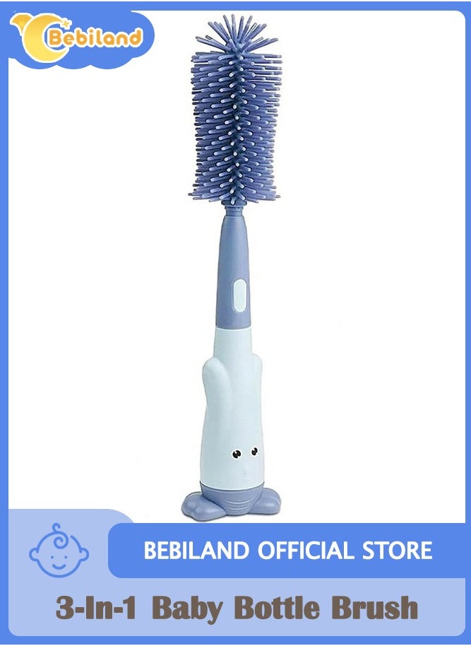 3-In-1 Silicone Baby Bottle Brush Set with Stand, Portable Bottle Cleaner Kit with Bottle Brush, Pacifier Brush and Straw Brush, Blue