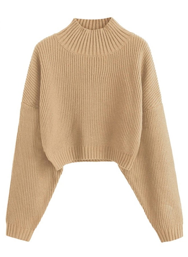 ZAFUL Women's Cropped Turtleneck Sweater Lantern Sleeve Ribbed Knit Pullover Sweater Jumper, 1-tan, XL - Image 1