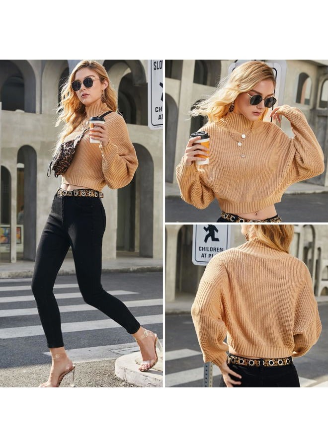 ZAFUL Women's Cropped Turtleneck Sweater Lantern Sleeve Ribbed Knit Pullover Sweater Jumper, 1-tan, XL - Image 2