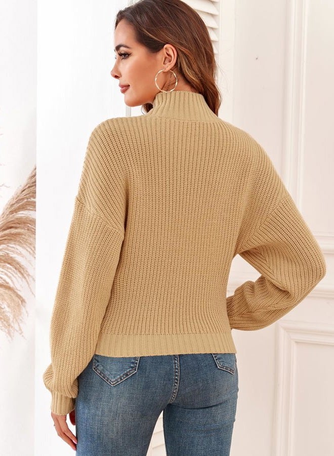 ZAFUL Women's Cropped Turtleneck Sweater Lantern Sleeve Ribbed Knit Pullover Sweater Jumper, 1-tan, XL - Image 4