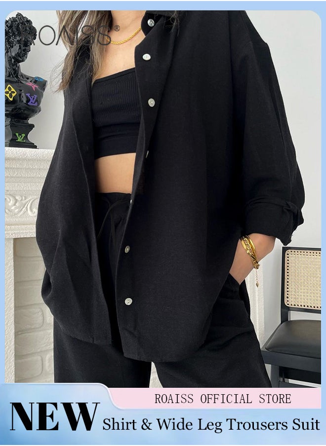 roaiss - Ladies Comfortable Cotton Linen 2 Piece Suit for Daily Commute - Shirt and Wide Leg Pants Set with Simple Loose Fit Design for Leisure, Women's Outfit Sets - Image 1