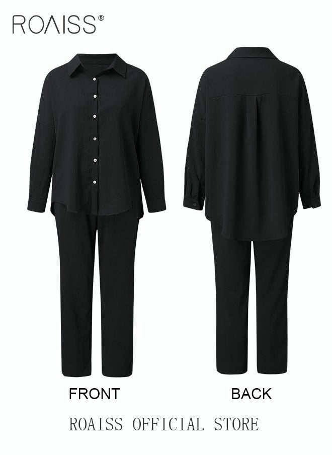 roaiss - Ladies Comfortable Cotton Linen 2 Piece Suit for Daily Commute - Shirt and Wide Leg Pants Set with Simple Loose Fit Design for Leisure, Women's Outfit Sets - Image 1