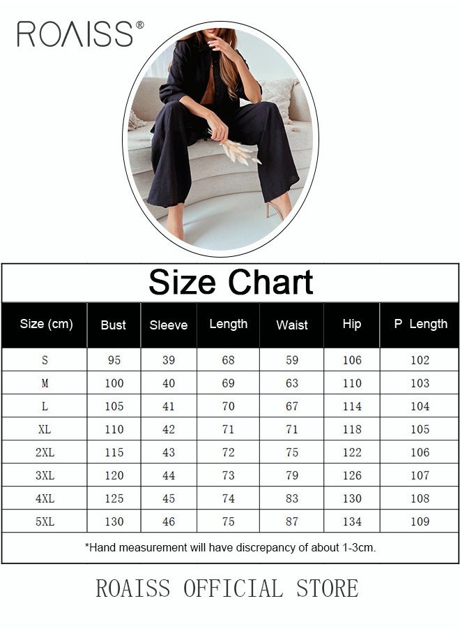 roaiss - Ladies Comfortable Cotton Linen 2 Piece Suit for Daily Commute - Shirt and Wide Leg Pants Set with Simple Loose Fit Design for Leisure, Women's Outfit Sets - Image 1