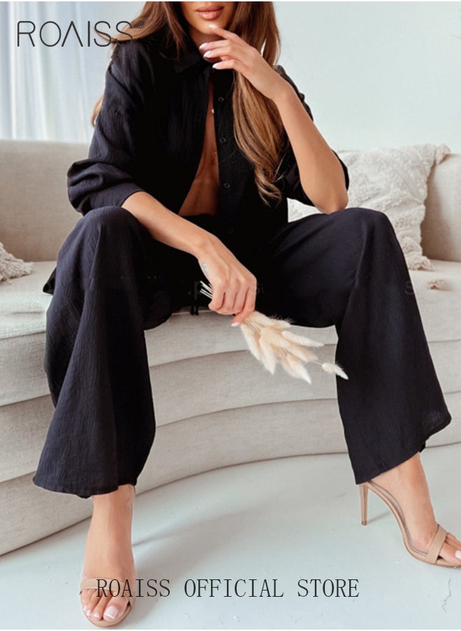 roaiss - Ladies Comfortable Cotton Linen 2 Piece Suit for Daily Commute - Shirt and Wide Leg Pants Set with Simple Loose Fit Design for Leisure, Women's Outfit Sets - Image 1
