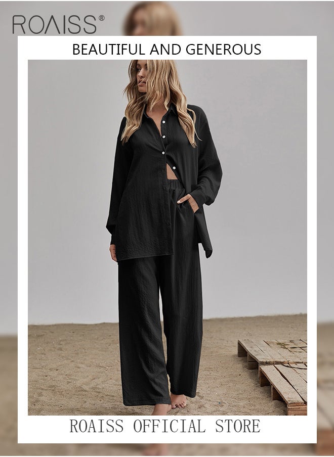 roaiss - Ladies Comfortable Cotton Linen 2 Piece Suit for Daily Commute - Shirt and Wide Leg Pants Set with Simple Loose Fit Design for Leisure, Women's Outfit Sets - Image 1