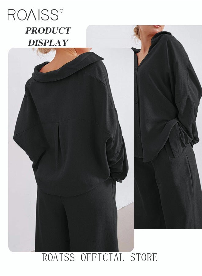 roaiss - Ladies Comfortable Cotton Linen 2 Piece Suit for Daily Commute - Shirt and Wide Leg Pants Set with Simple Loose Fit Design for Leisure, Women's Outfit Sets - Image 1