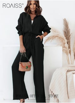 roaiss Ladies Comfortable Cotton Linen 2 Piece Suit for Daily Commute - Shirt and Wide Leg Pants Set with Simple Loose Fit Design for Leisure, Women's Outfit Sets  - Image 1