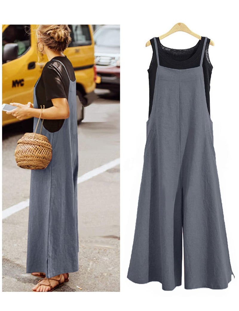 YESNO Women Casual Loose Long Bib Pants Wide Leg Jumpsuits Baggy Cotton Rompers Overalls with Pockets (L PZZTYP2 Gray) - Image 3
