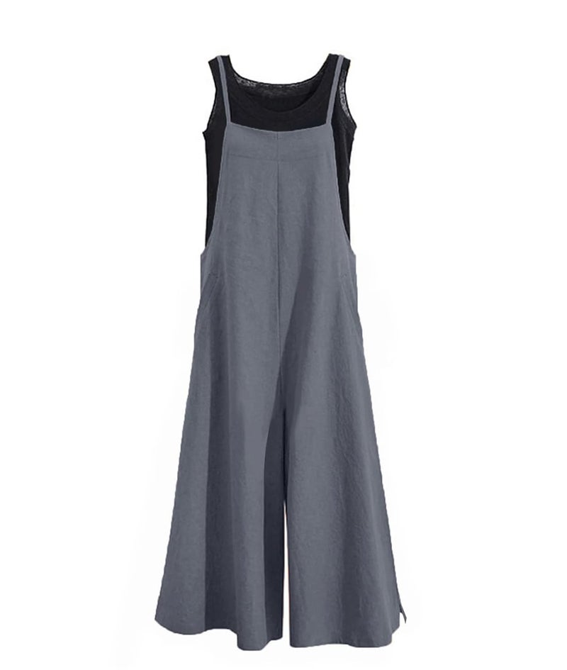 YESNO Women Casual Loose Long Bib Pants Wide Leg Jumpsuits Baggy Cotton Rompers Overalls with Pockets (L PZZTYP2 Gray) - Image 1