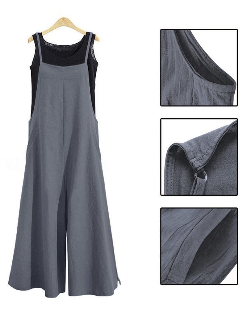 YESNO Women Casual Loose Long Bib Pants Wide Leg Jumpsuits Baggy Cotton Rompers Overalls with Pockets (L PZZTYP2 Gray) - Image 4