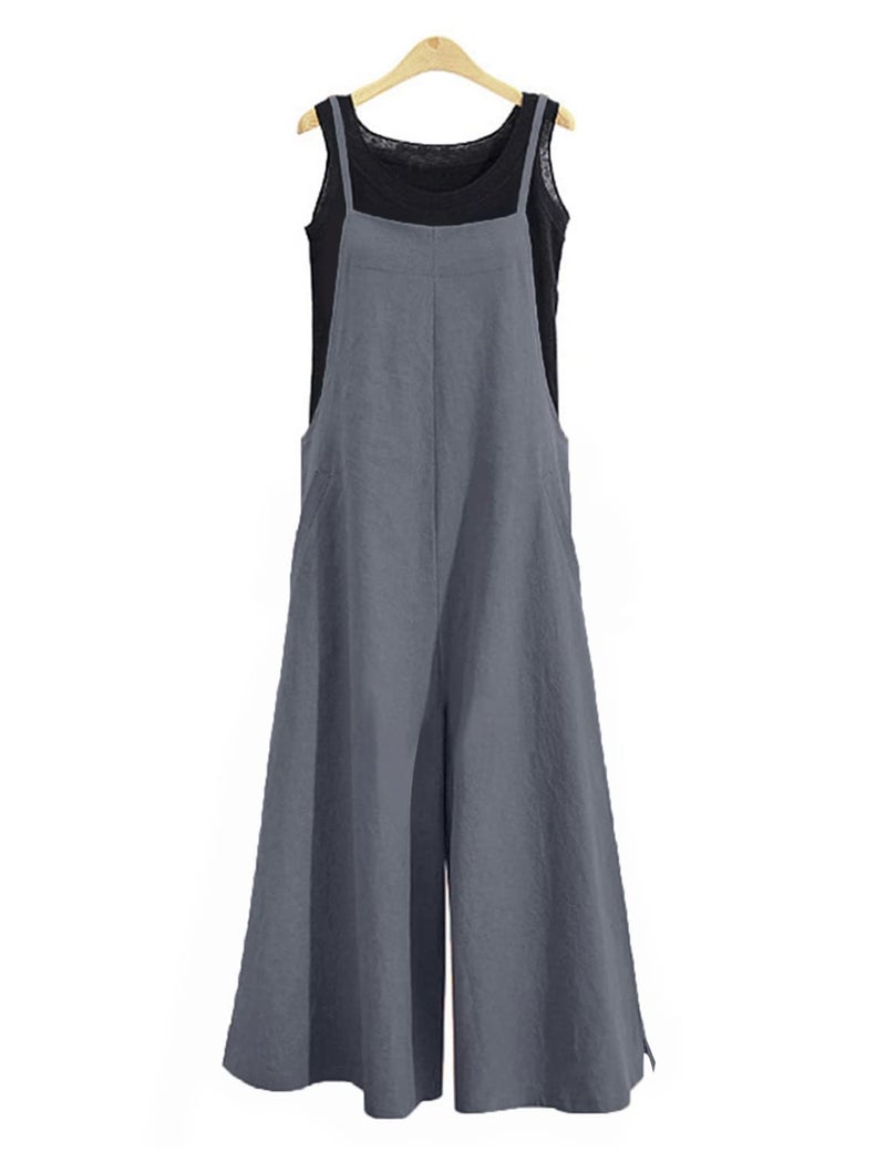 YESNO Women Casual Loose Long Bib Pants Wide Leg Jumpsuits Baggy Cotton Rompers Overalls with Pockets (L PZZTYP2 Gray) - Image 2
