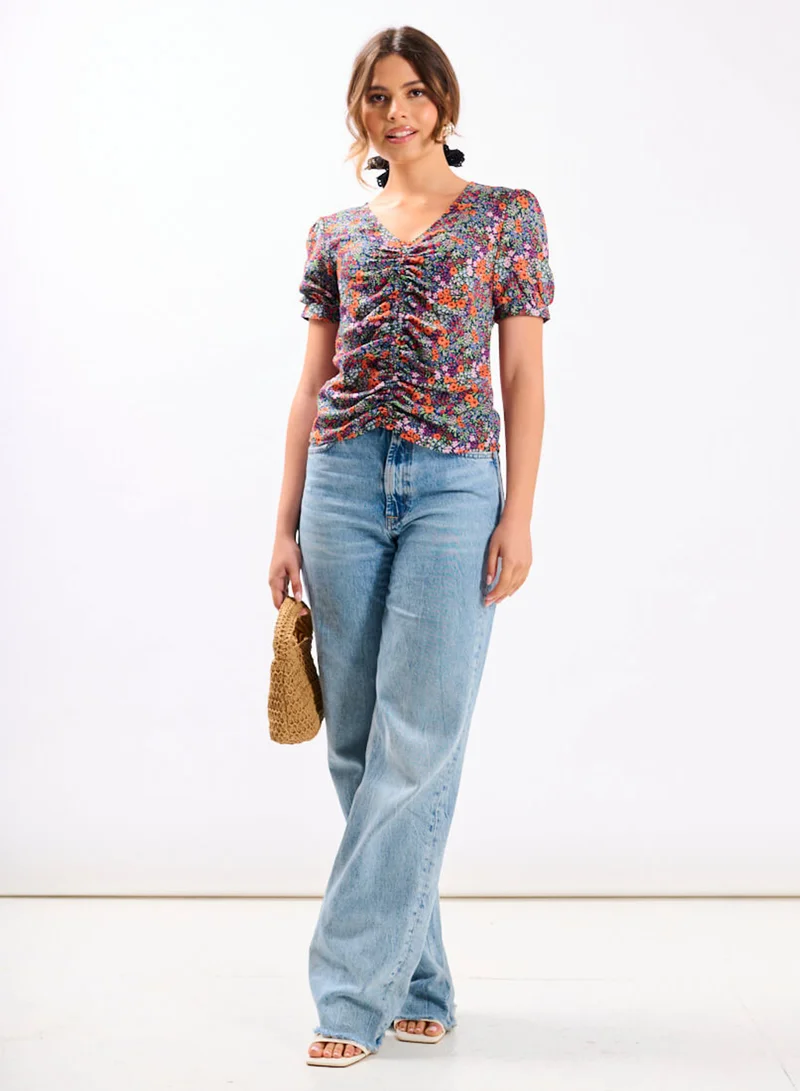 Multicoloured Floral Ruched Top