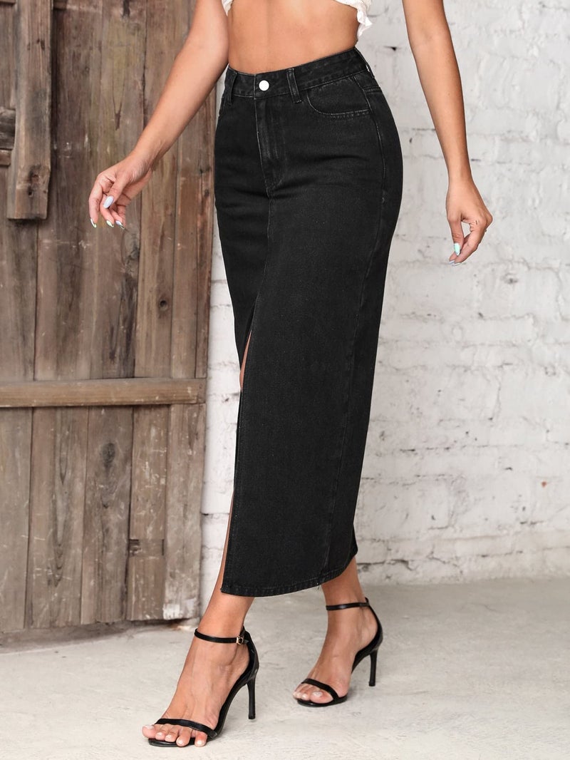 Shasmi Women's Elegant Black Solid High Waist Split Thigh Denim Maxi Skirt for Women's & Girl's (Skirt 180 Black-S) - Image 5