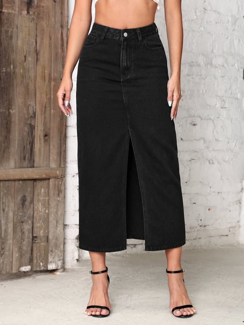 Shasmi Women's Elegant Black Solid High Waist Split Thigh Denim Maxi Skirt for Women's & Girl's (Skirt 180 Black-S) - Image 4