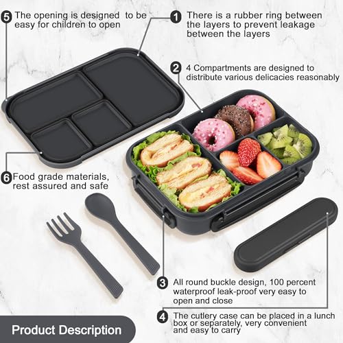 Amathley Lunch Box Kids,Bento Box Adult,Leakproof Lunch Containers for Adults/Kids/Toddler,1200ML-4 Compartments bento Lunch box with Utensil,Microwave & Dishwasher & Freezer Safe (Dark Gray) - Image 3