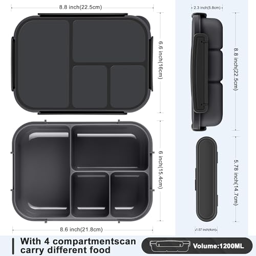 Amathley Lunch Box Kids,Bento Box Adult,Leakproof Lunch Containers for Adults/Kids/Toddler,1200ML-4 Compartments bento Lunch box with Utensil,Microwave & Dishwasher & Freezer Safe (Dark Gray) - Image 2