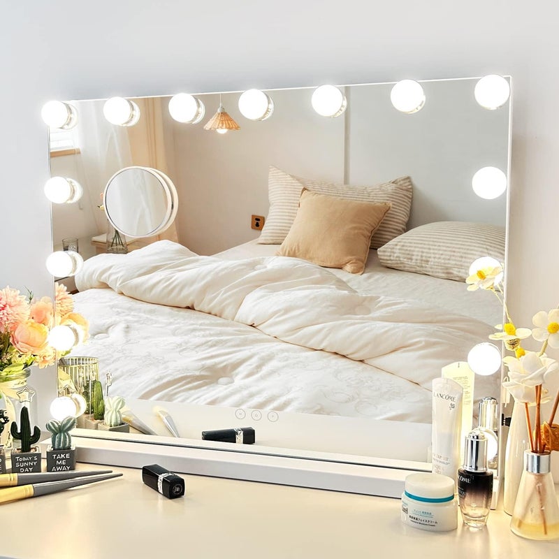 Vanity Mirror with Lights Lighted Makeup Mirror with 15 Dimmable LED Bulbs,3 Color Lighting Modes,USB Charging Port Touch Control,Sturdy Metal Frame Design 22.8x18 Inch,White