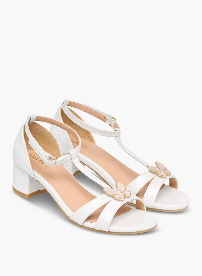 Celeste Girls' Butterfly Accent Block Heel Sandals with Hook and Loop Closure
