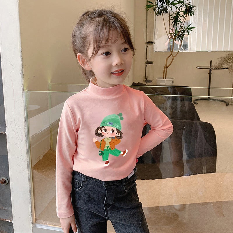 Girls' Velvet Warm T-Shirt Base Shirt Children'S Half-High Collar Long-Sleeved T-Shirt Skin-Friendly Inner Top Trendy - Image 1