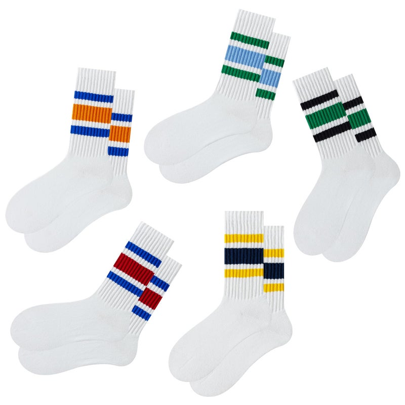 DarkCom Striped Crew Socks 5 Pairs Seamless Toe for Men and Women, Color of White, Casual Comfort - Image 1