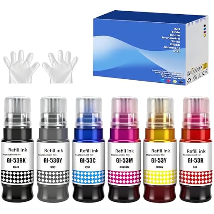 GI-53 GI53 COMPATIBLE INK CARTRIDGE PIXMA MULTIPACK COMPATIBLE GI-53 GI53 INK FOR PIXMA G650 G550 (PACK OF 6, BLACK/CYAN/MAGENTA/YELLOW/RED/GREY) - Image 1