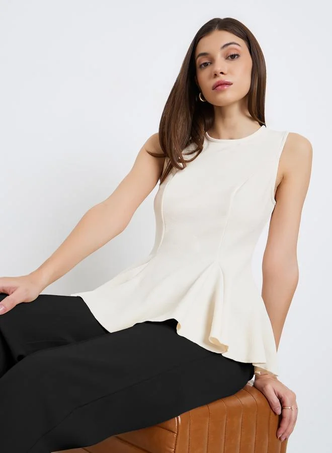 Styli Women Cream Sleeveless Knit Peplum Top
