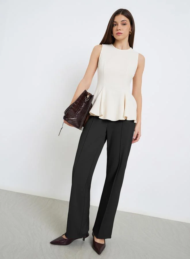 Styli Women Cream Sleeveless Knit Peplum Top