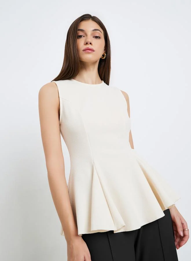 Styli Women Cream Sleeveless Knit Peplum Top