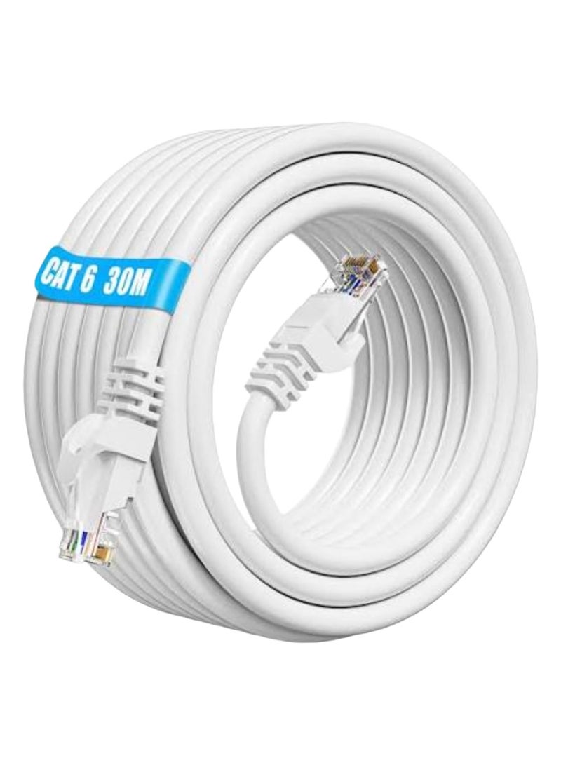 FUJISHKA CAT-6 Ethernet Cable – 30M – High-Speed LAN Network Cable – RJ45 Connector – White - Image 1