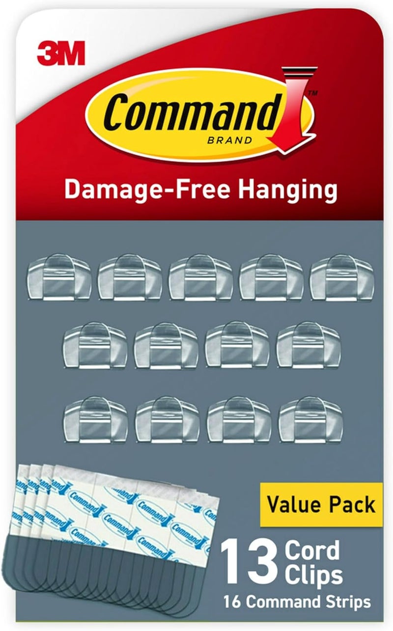 Command Round Cord Clips, Damage-Free Hanging Cable Clips, No Tools Wall Clips for Hanging Electrical Cables of Christmas Decorations, 13 Clear Cord Clips and 16 Strips - Image 1