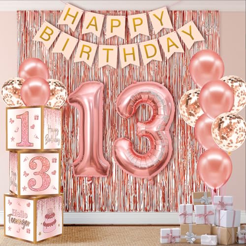 RTHPY 13th Birthday Decorations for Girls13 Year Old Boxes Decor for Girls Women Happy official 13th teenager Birthday Kits Pink Rose Gold Number 13 Foil Balloons Party Supplies Rose Gold Tassel Curtain - Image 1