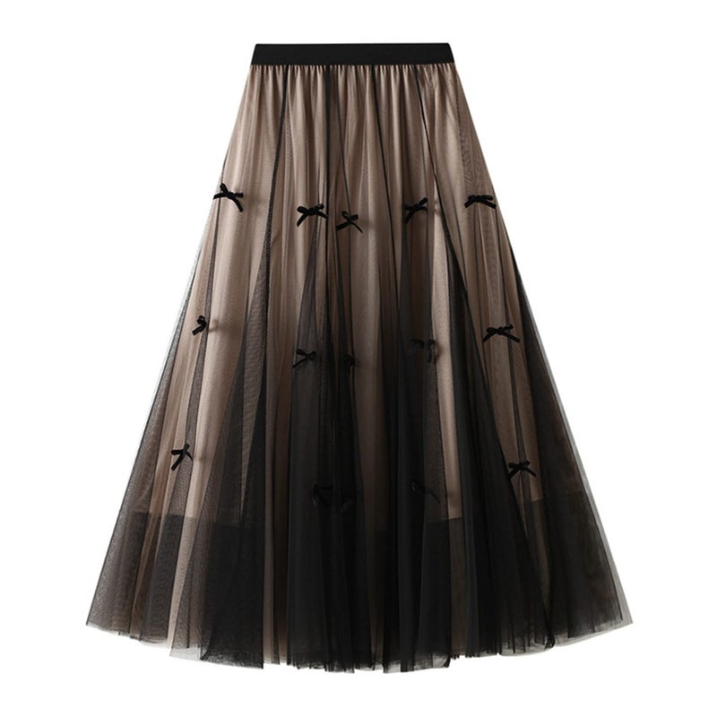 Dirholl Women's A-Line Fairy Patterned Elastic Waist Ruffle Tulle Layered Midi Skirt Bowknot B Khaki - Image 1
