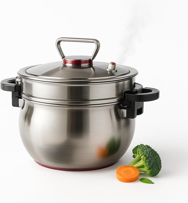 XVersion 2-Tier Steamer Pot for Cooking with Lid, 7L Semi-Pressure 304 Stainless Steel Steaming Pot, 10.24 inch Multi-Cookware with Handles for Vegetables, Dumplings, Stock & Sauces - Silver - Image 1