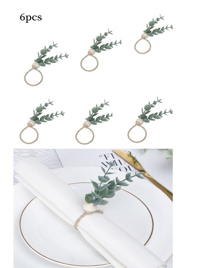 6 PACK NAPKIN RINGS, EUCALYPTUS NAPKIN RINGS WOODEN NAPKIN RINGS GREEN LEAF NAPKIN RINGS FOR WEDDING TABLE DECOR BIRTHDAY PARTY DECORATIONS