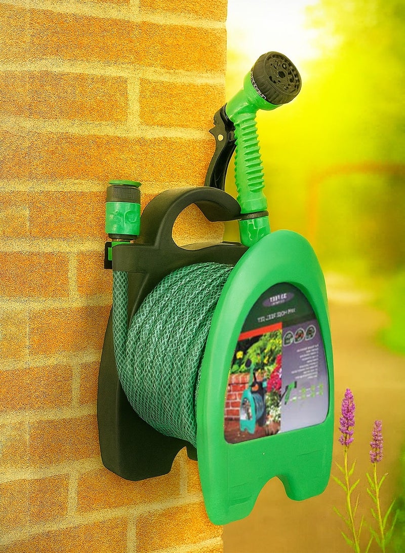 10M Garden Water Hose with Wall Holder & 7-Function Spray Nozzle, High Pressure 3/8" Reinforced Hose for Gardening & Car Wash - Image 2