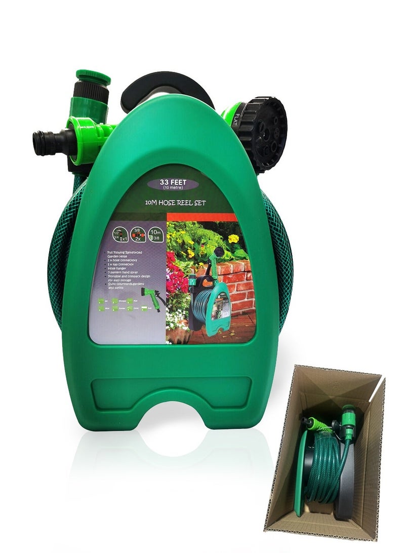 10M Garden Water Hose with Wall Holder & 7-Function Spray Nozzle, High Pressure 3/8" Reinforced Hose for Gardening & Car Wash - Image 1