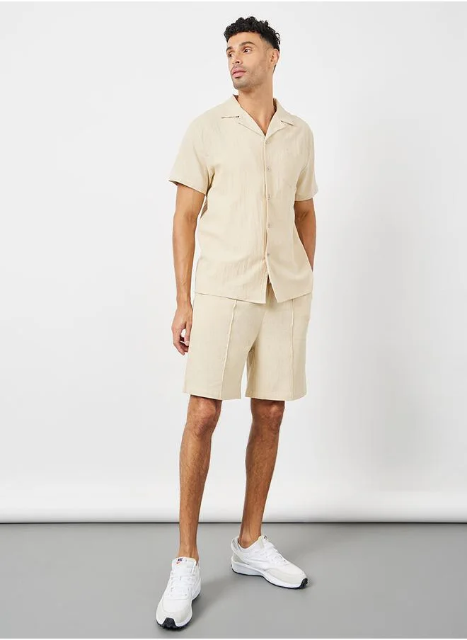 Styli Woven Textured Shirt & Pintuck Detail Short Co-Ords