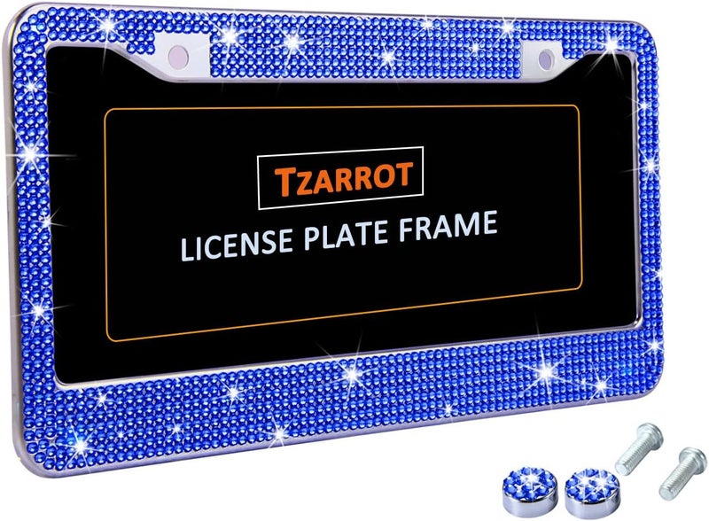 TZARROT إطار لوحة ترخيص أزرق لامع للنساء، إطار لوحة ترخيص مرصع بأحجار الراين الماسية الزرقاء اللامعة، إكسسوارات سيارات لامعة للنساء والفتيات، متألق براق جودة حسب المواصفات - Image 3