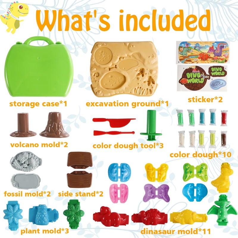 VConejo Dinosaur Color Dough Sets Toys, 37 Pieces Dino Theme Color Dough Tools Accessories with Volcano and Fossils for Boys and Girls - Image 2