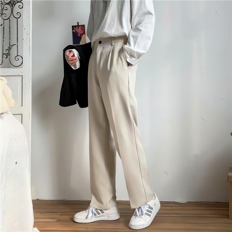 Korean Style Casual Mens Suit Pants creamy-white semi-elastic waist