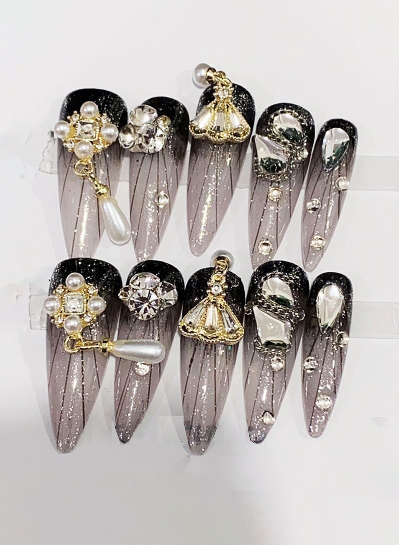 False Nails Black Gold Shimmer Diamond Pearl Pendant Press On Nails Manicure evening dress - Image 1