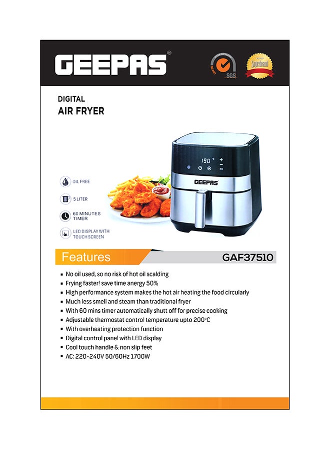 GEEPAS Digital Air Fryer 5 L With Touch Control Panel| 60 Minute Timer, Led Display, Auto Shut Off| 1700 W Cool Touch Handle Gaf37510 Black 5 L 1700 W GAF37510 Black - Image 4