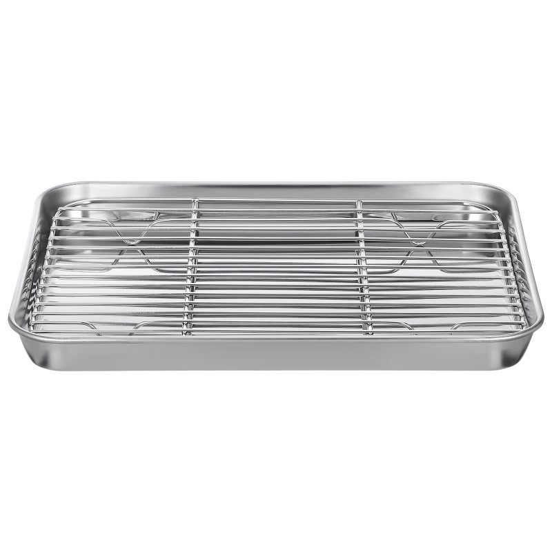 2 Pieces/Set Rectangular Baking Tray Stainless Steel Baking Pan Sheet with Removable Cooling Rack - Image 1